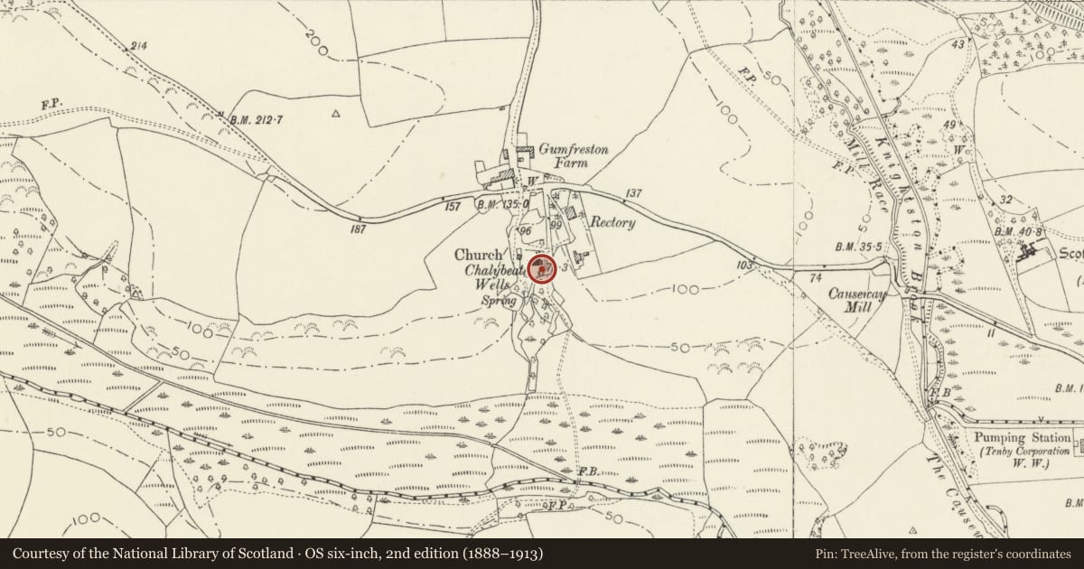 Ordnance Survey six-inch map, 2nd edition (1888–1913) covering the location of Gumfreyston Wells, St. Florence, Pembrokeshire, with a pin at the register's coordinates