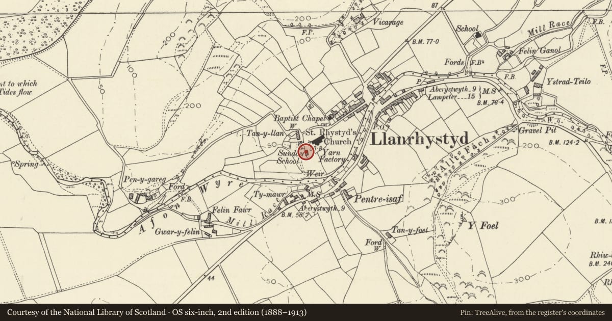 Ordnance Survey six-inch map, 2nd edition (1888–1913) covering the location of Church Hall, Llanrhystyd, Ceredigion, with a pin at the register's coordinates