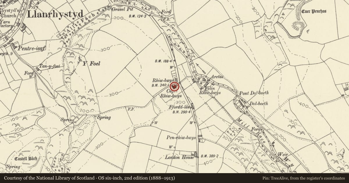 Ordnance Survey six-inch map, 2nd edition (1888–1913) covering the location of Capel Rhiwbwys, Llanrhystyd, Ceredigion, with a pin at the register's coordinates