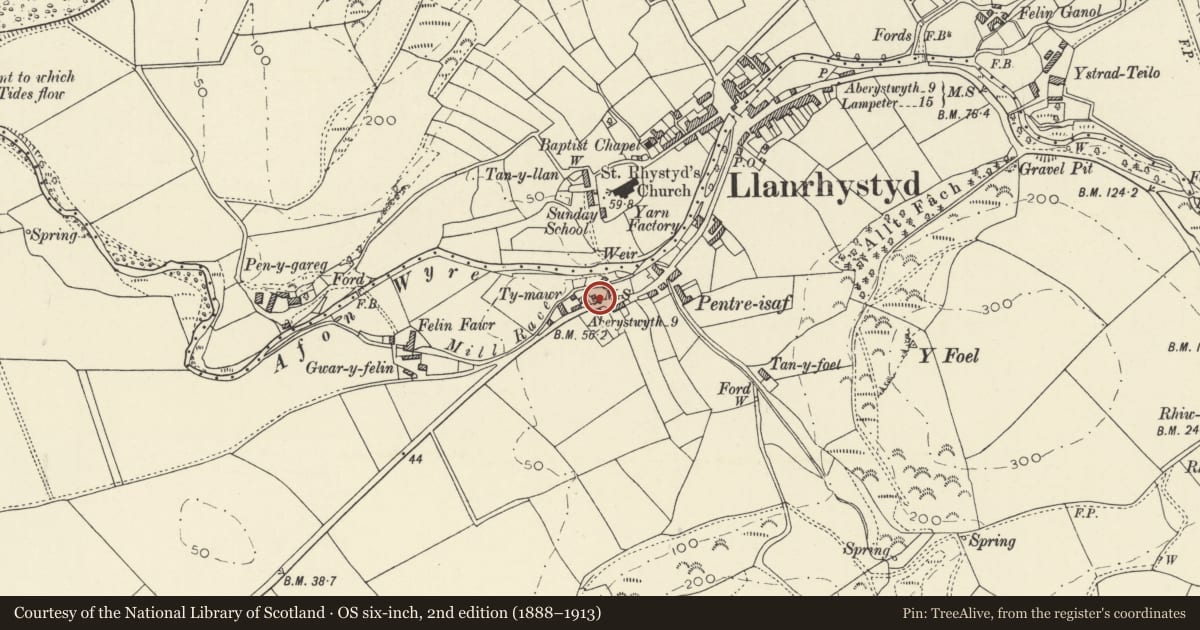 Ordnance Survey six-inch map, 2nd edition (1888–1913) covering the location of Milestone, Llanrhystyd, Ceredigion, with a pin at the register's coordinates