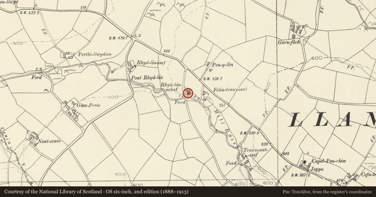 Ordnance Survey six-inch map, 2nd edition (1888–1913) covering the location of Rhydlas Uchaf, Llanrhystyd, Ceredigion, with a pin at the register's coordinates