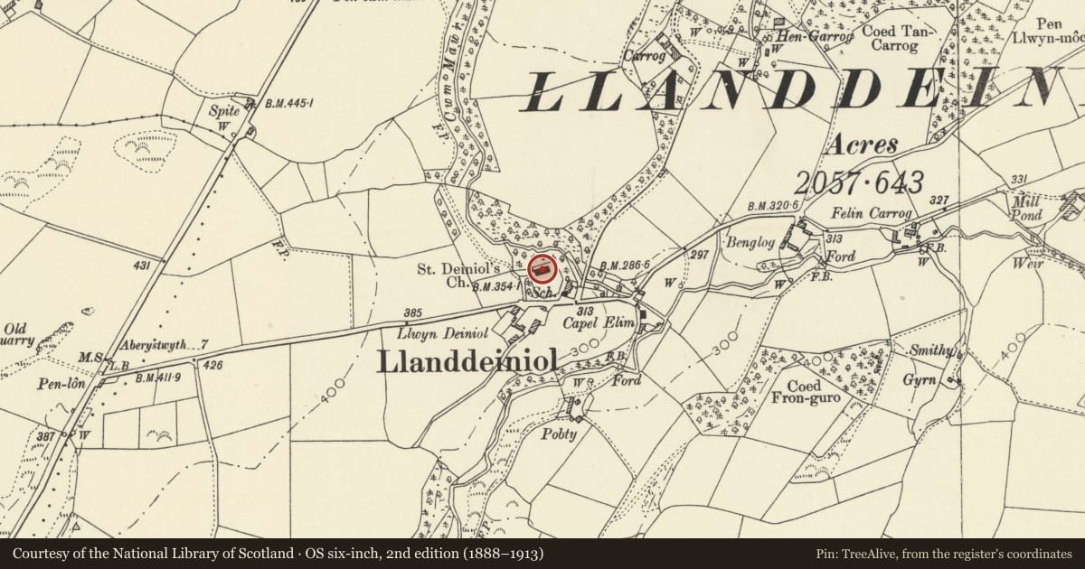 Ordnance Survey six-inch map, 2nd edition (1888–1913) covering the location of Church of St Deiniol, Llanrhystyd, Ceredigion, with a pin at the register's coordinates
