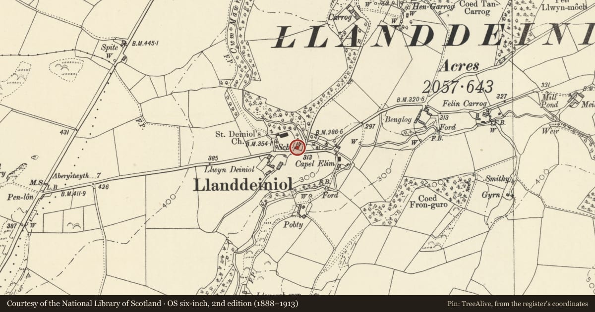 Ordnance Survey six-inch map, 2nd edition (1888–1913) covering the location of Church Hall, Llanrhystyd, Ceredigion, with a pin at the register's coordinates