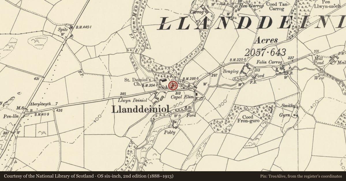 Ordnance Survey six-inch map, 2nd edition (1888–1913) covering the location of Aberffrwd, Llanrhystyd, Ceredigion, with a pin at the register's coordinates