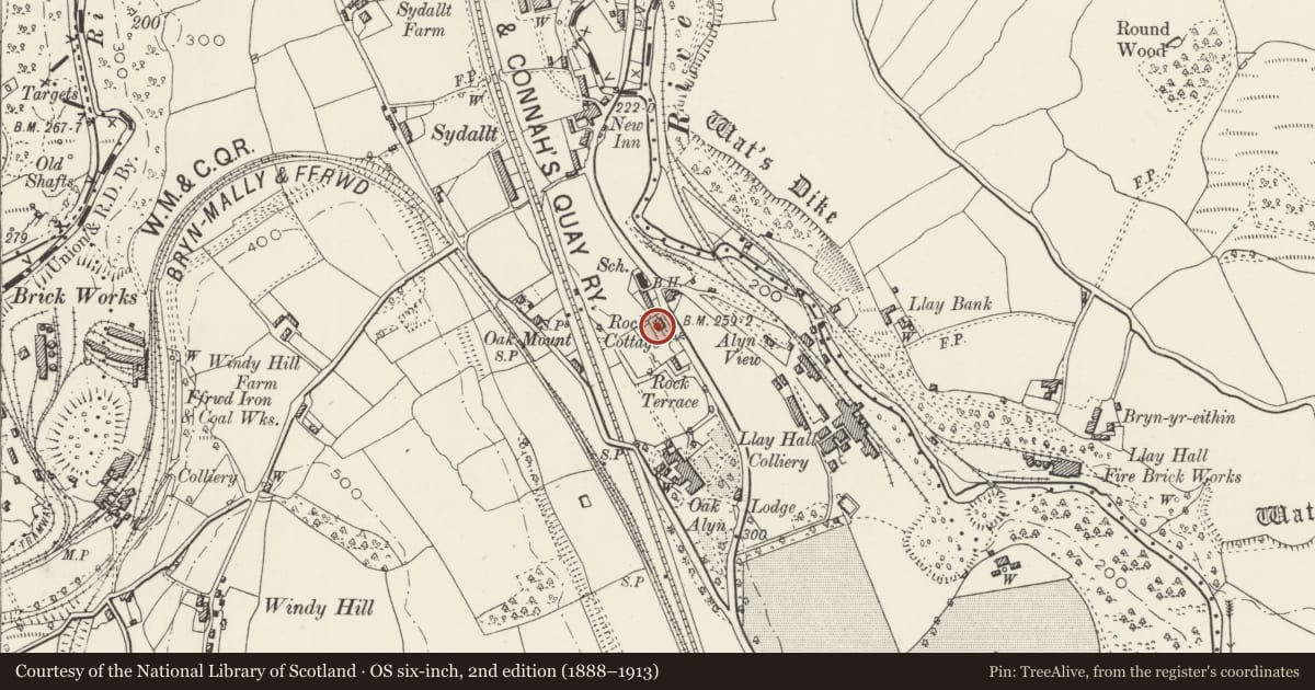 Ordnance Survey six-inch map, 2nd edition (1888–1913) covering the location of Rock Cottage, Gwersyllt, Wrexham, with a pin at the register's coordinates