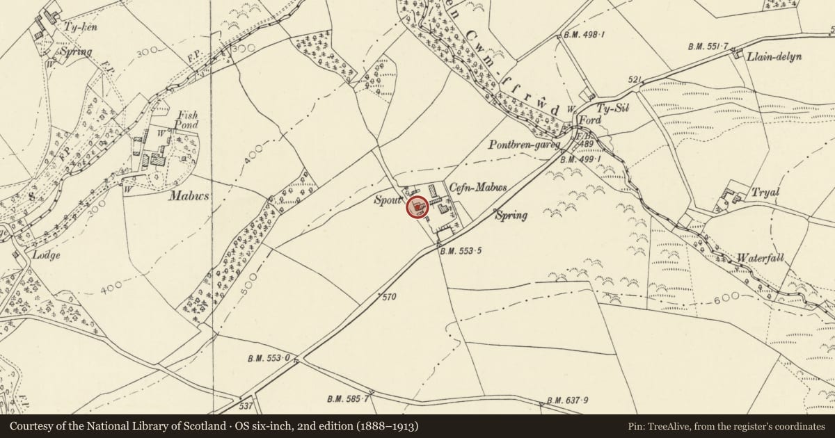 Ordnance Survey six-inch map, 2nd edition (1888–1913) covering the location of Cefnmabws, Llanrhystyd, Ceredigion, with a pin at the register's coordinates