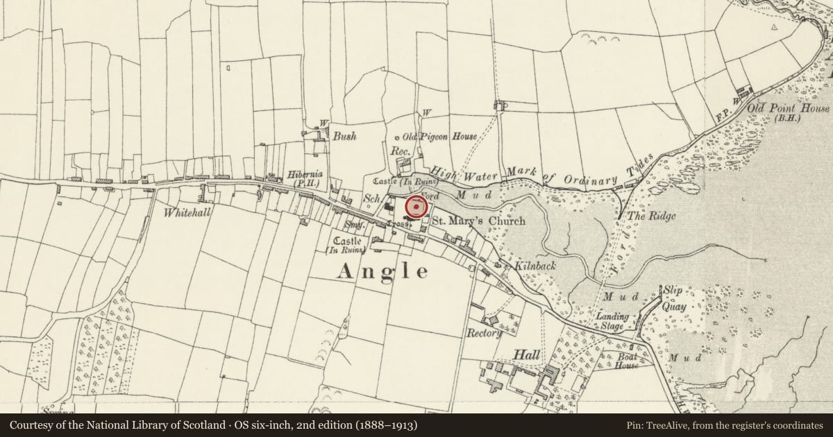 Ordnance Survey six-inch map, 2nd edition (1888–1913) covering the location of Sailors' Chapel, Angle, Pembrokeshire, with a pin at the register's coordinates