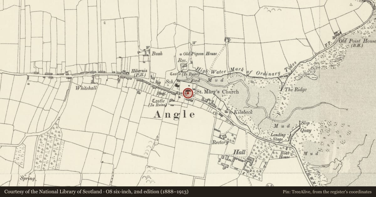Ordnance Survey six-inch map, 2nd edition (1888–1913) covering the location of Preaching Cross, Angle, Pembrokeshire, with a pin at the register's coordinates