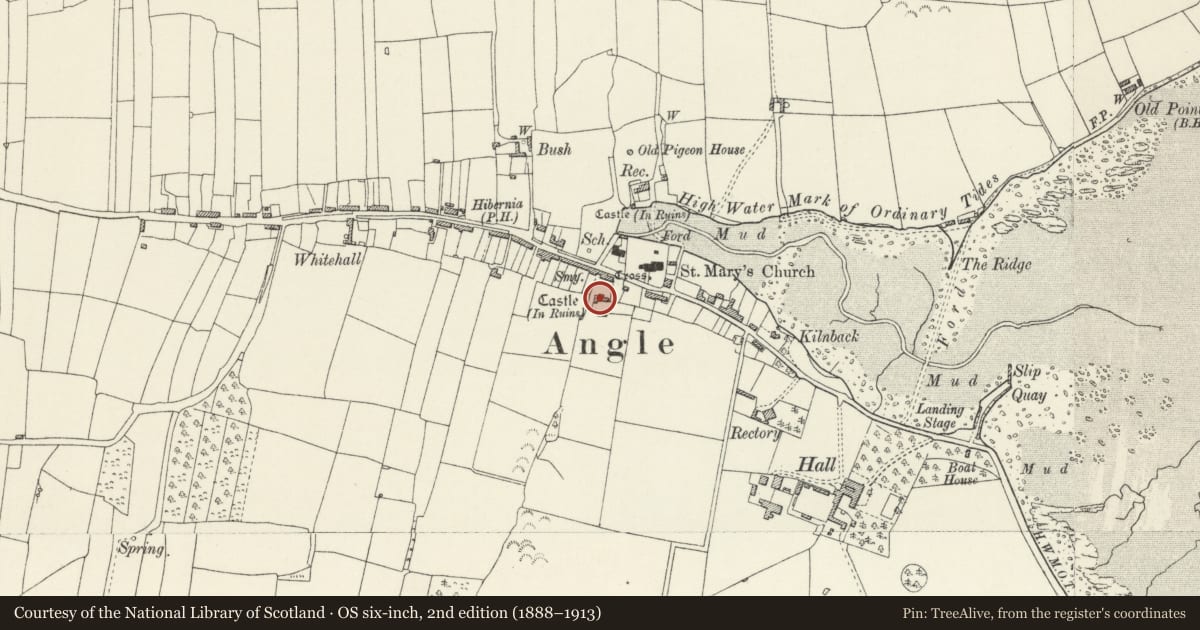 Ordnance Survey six-inch map, 2nd edition (1888–1913) covering the location of The Almshouse, Angle, Pembrokeshire, with a pin at the register's coordinates