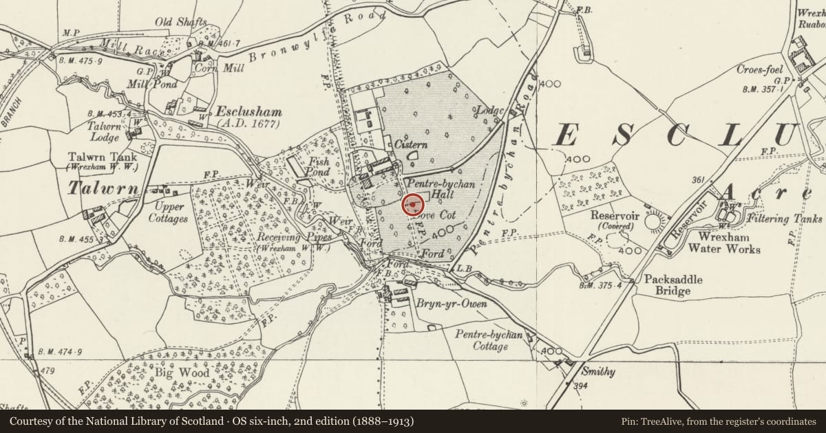 Ordnance Survey six-inch map, 2nd edition (1888–1913) covering the location of Pentrebychan Hall Dovecote, Esclusham, Wrexham, with a pin at the register's coordinates