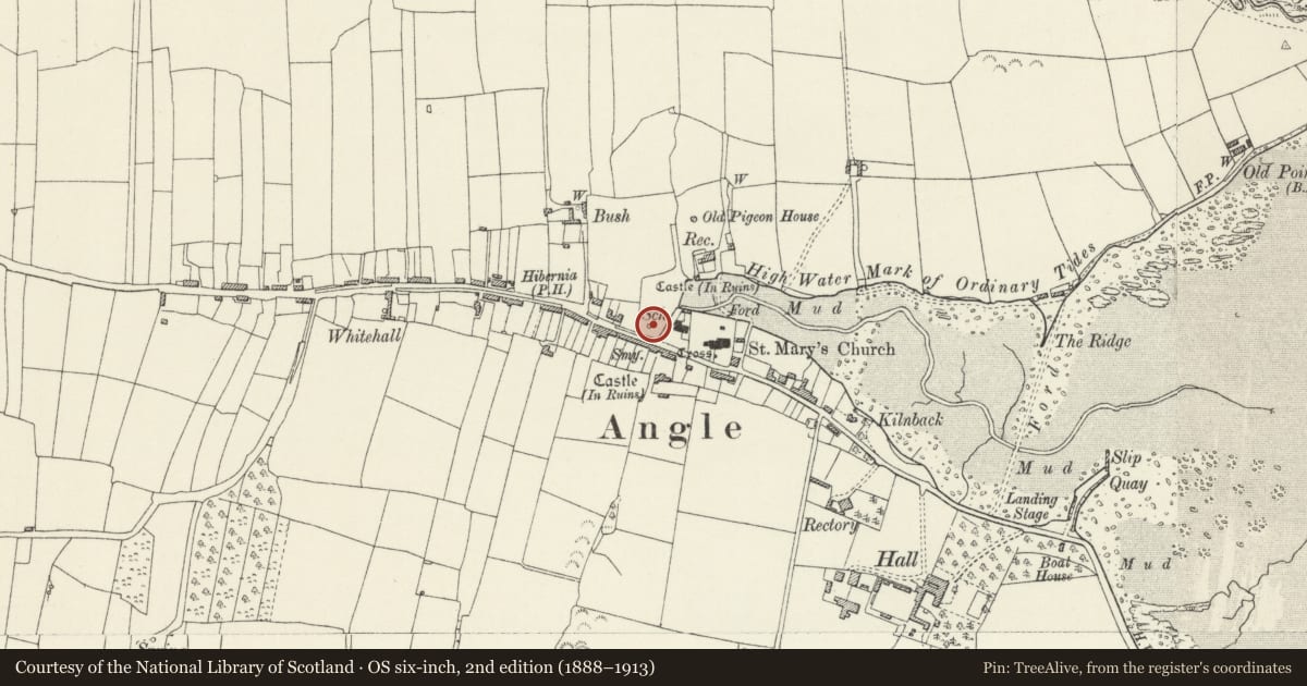 Ordnance Survey six-inch map, 2nd edition (1888–1913) covering the location of Monument to John Mirehouse, Angle, Pembrokeshire, with a pin at the register's coordinates