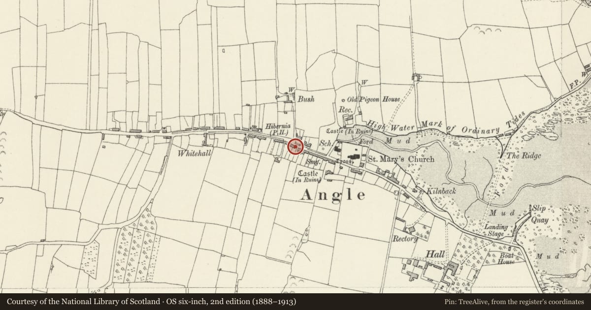 Ordnance Survey six-inch map, 2nd edition (1888–1913) covering the location of 17 Angle Village, Pembrokeshire, with a pin at the register's coordinates