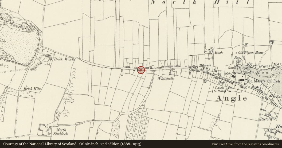 Ordnance Survey six-inch map, 2nd edition (1888–1913) covering the location of 34, Angle, Pembrokeshire, with a pin at the register's coordinates