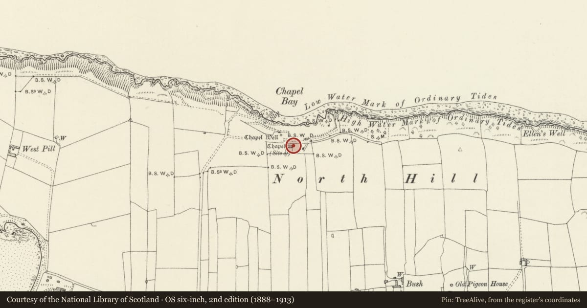 Ordnance Survey six-inch map, 2nd edition (1888–1913) covering the location of Chapel Bay Cottages, Angle, Pembrokeshire, with a pin at the register's coordinates