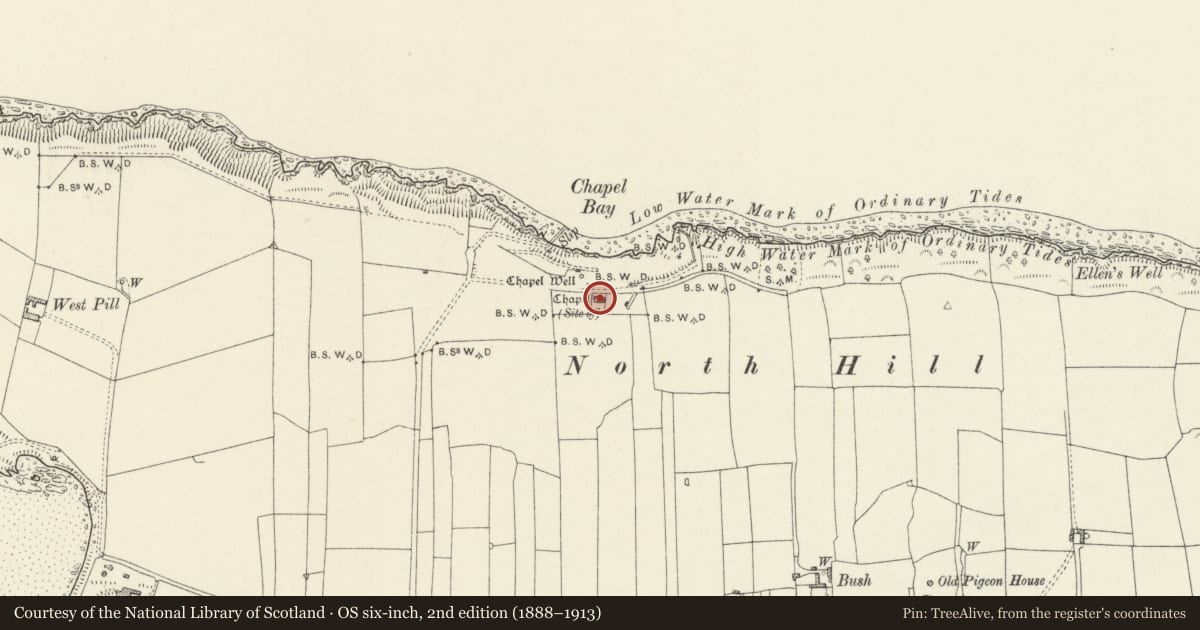 Ordnance Survey six-inch map, 2nd edition (1888–1913) covering the location of Chapel Bay Cottages, Angle, Pembrokeshire, with a pin at the register's coordinates