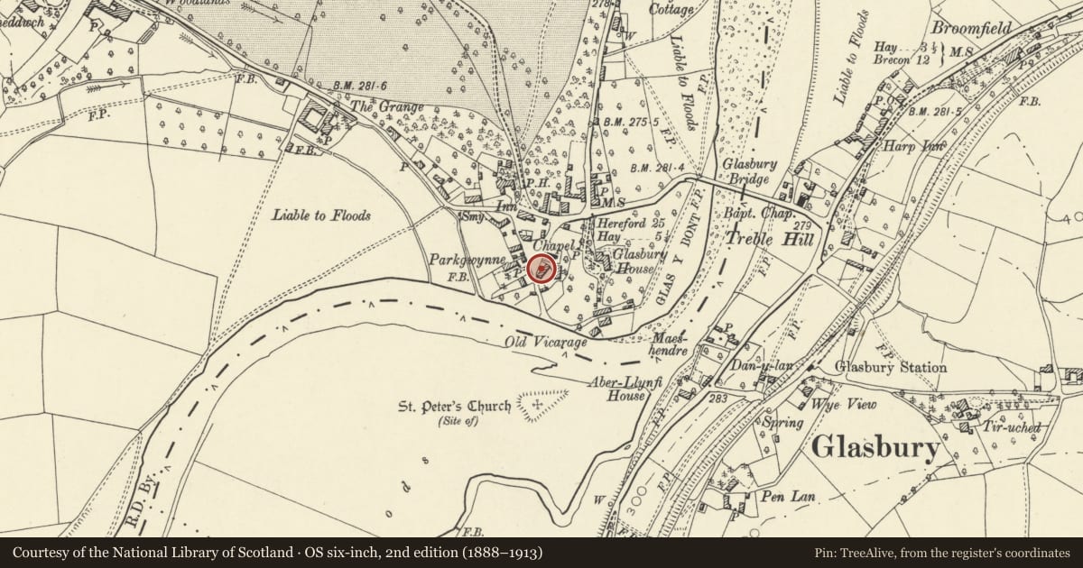 Ordnance Survey six-inch map, 2nd edition (1888–1913) covering the location of Green Cottages, Glasbury, Powys, with a pin at the register's coordinates