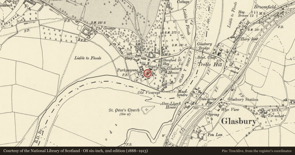 Ordnance Survey six-inch map, 2nd edition (1888–1913) covering the location of Green Cottages, Glasbury, Powys, with a pin at the register's coordinates