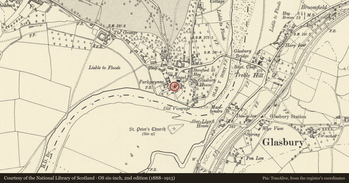 Ordnance Survey six-inch map, 2nd edition (1888–1913) covering the location of Green Cottages, Glasbury, Powys, with a pin at the register's coordinates