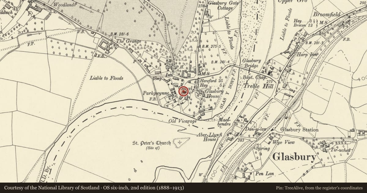 Ordnance Survey six-inch map, 2nd edition (1888–1913) covering the location of Glasbury United Reformed Chapel, Powys, with a pin at the register's coordinates