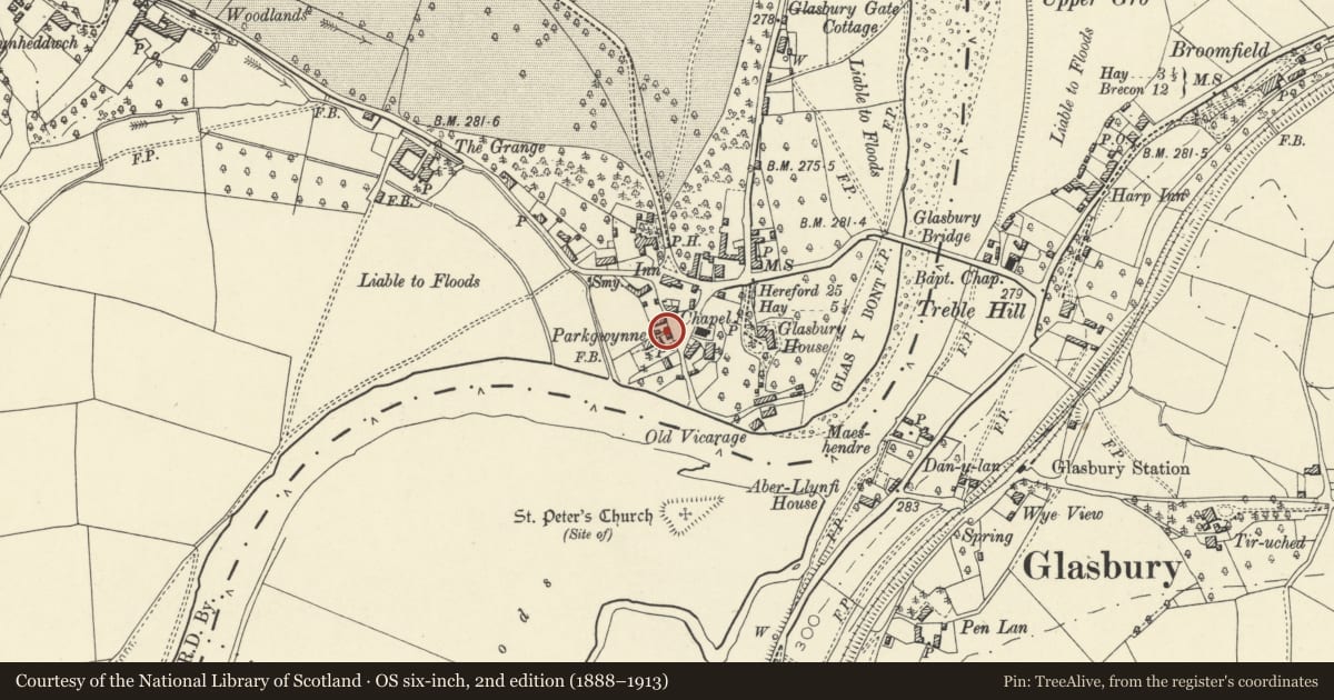 Ordnance Survey six-inch map, 2nd edition (1888–1913) covering the location of Former Stable and Coachhouse to Parc Gwynne, Glasbury, Powys, with a pin at the register's coordinates