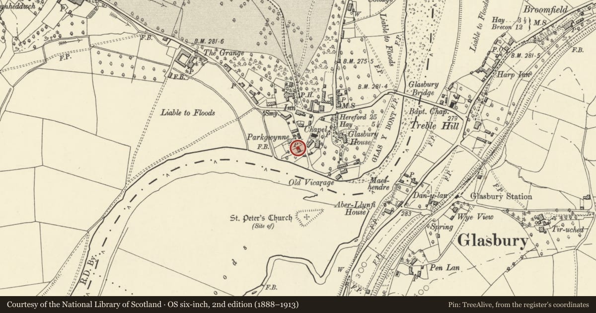 Ordnance Survey six-inch map, 2nd edition (1888–1913) covering the location of Old Police Cottage, Glasbury, Powys, with a pin at the register's coordinates