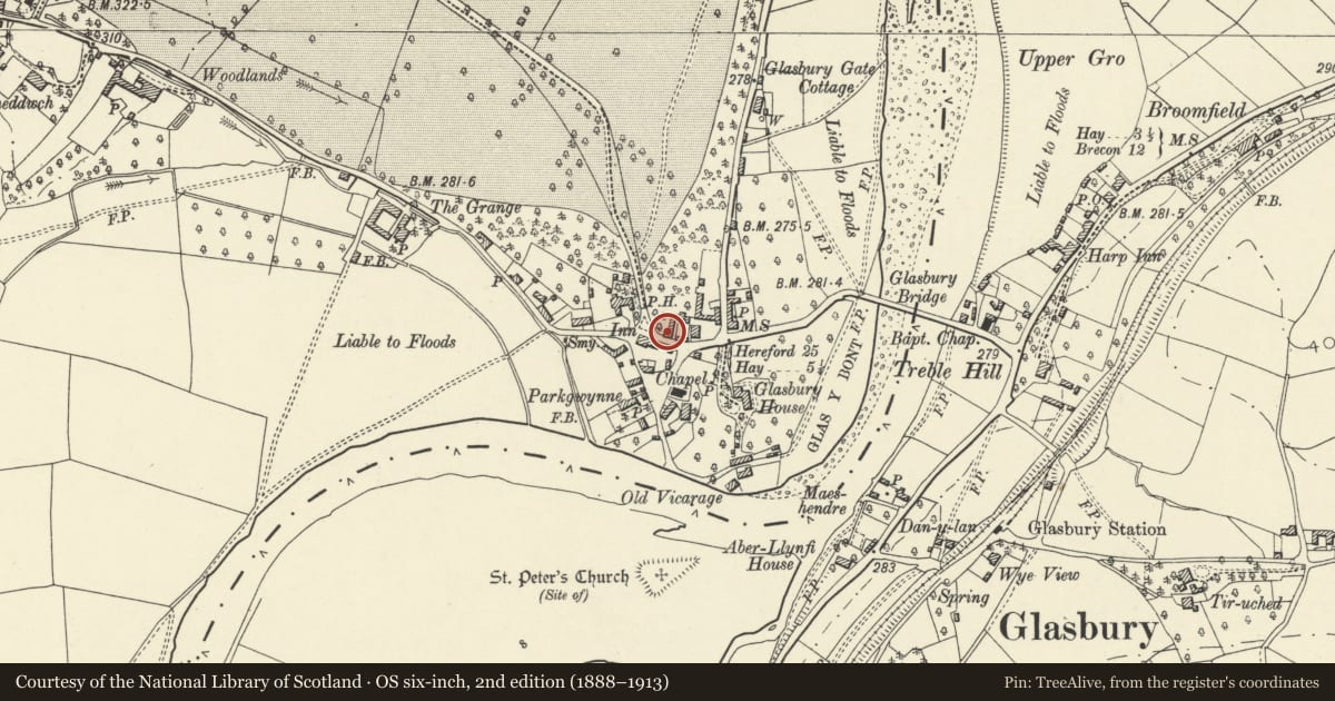 Ordnance Survey six-inch map, 2nd edition (1888–1913) covering the location of Grangeton, Glasbury, Powys, with a pin at the register's coordinates