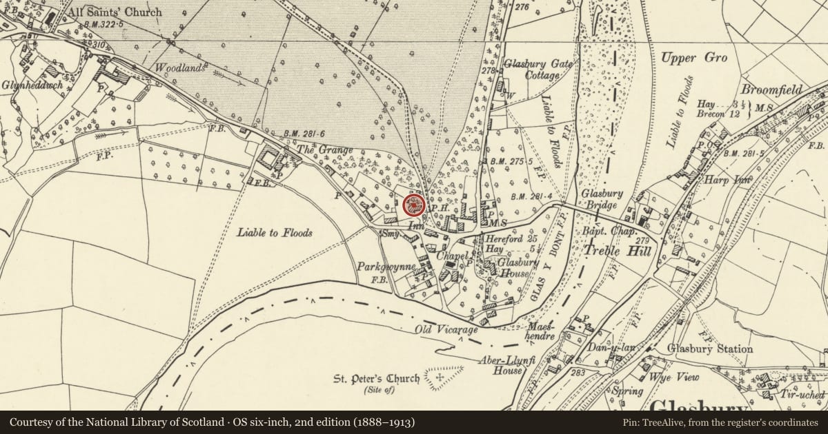Ordnance Survey six-inch map, 2nd edition (1888–1913) covering the location of Maesllwch Arms Hotel, Glasbury, Powys, with a pin at the register's coordinates