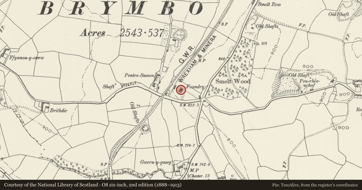 Ordnance Survey six-inch map, 2nd edition (1888–1913) covering the location of Pentre Saeson Foundry Building, Brymbo, Wrexham, with a pin at the register's coordinates