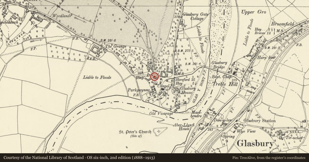 Ordnance Survey six-inch map, 2nd edition (1888–1913) covering the location of Lamb House, Glasbury, Powys, with a pin at the register's coordinates