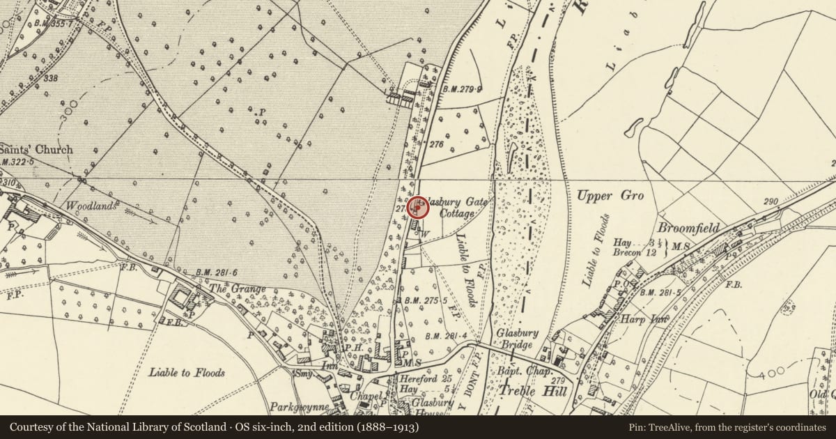 Ordnance Survey six-inch map, 2nd edition (1888–1913) covering the location of Glasbury Gate Cottage, Powys, with a pin at the register's coordinates