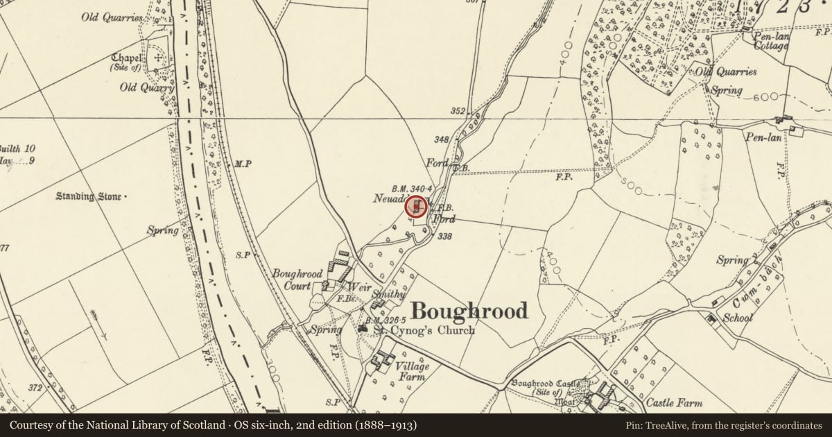 Ordnance Survey six-inch map, 2nd edition (1888–1913) covering the location of Neuadd, Glasbury, Powys, with a pin at the register's coordinates
