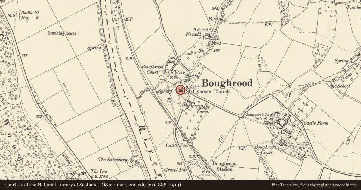 Ordnance Survey six-inch map, 2nd edition (1888–1913) covering the location of Church of St Cynog, Glasbury, Powys, with a pin at the register's coordinates