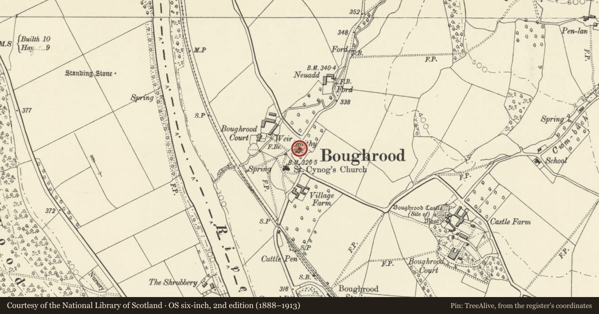 Ordnance Survey six-inch map, 2nd edition (1888–1913) covering the location of The Forge, Glasbury, Powys, with a pin at the register's coordinates