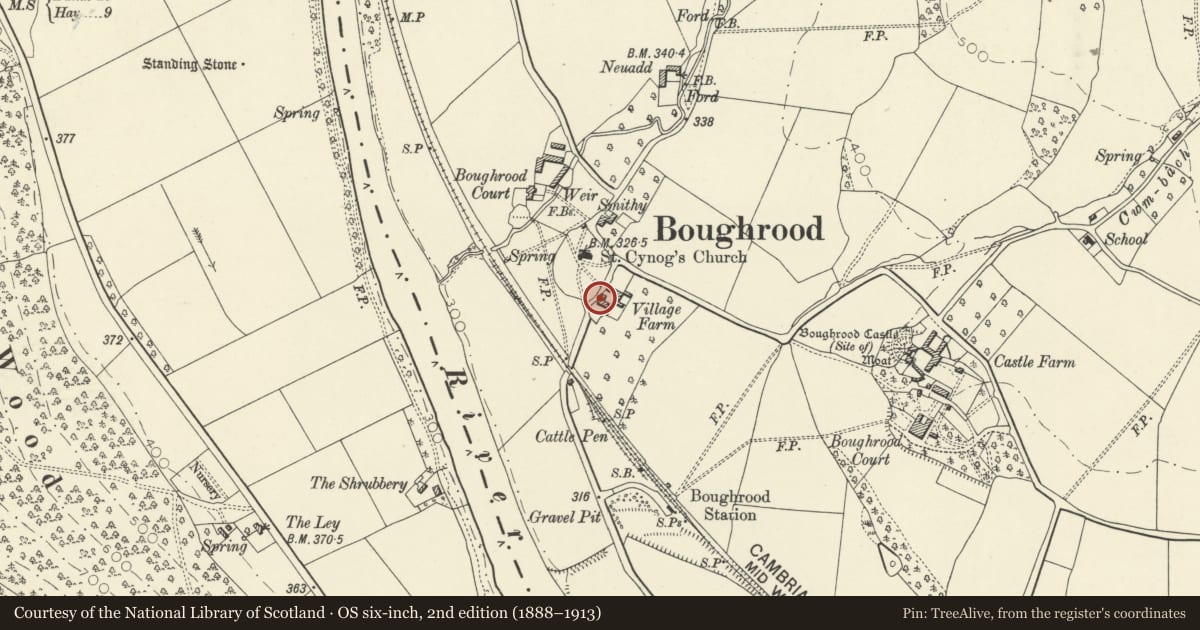 Ordnance Survey six-inch map, 2nd edition (1888–1913) covering the location of Village Farmhouse, Glasbury, Powys, with a pin at the register's coordinates