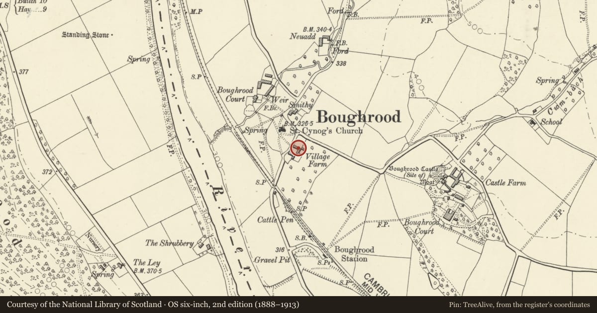 Ordnance Survey six-inch map, 2nd edition (1888–1913) covering the location of Barn and cowhouse range formerly with Village Farm, Glasbury, Powys, with a pin at the register's coordinates