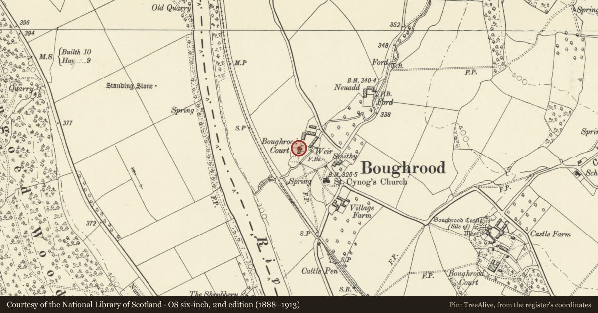 Ordnance Survey six-inch map, 2nd edition (1888–1913) covering the location of Boughrood Court, Glasbury, Powys, with a pin at the register's coordinates