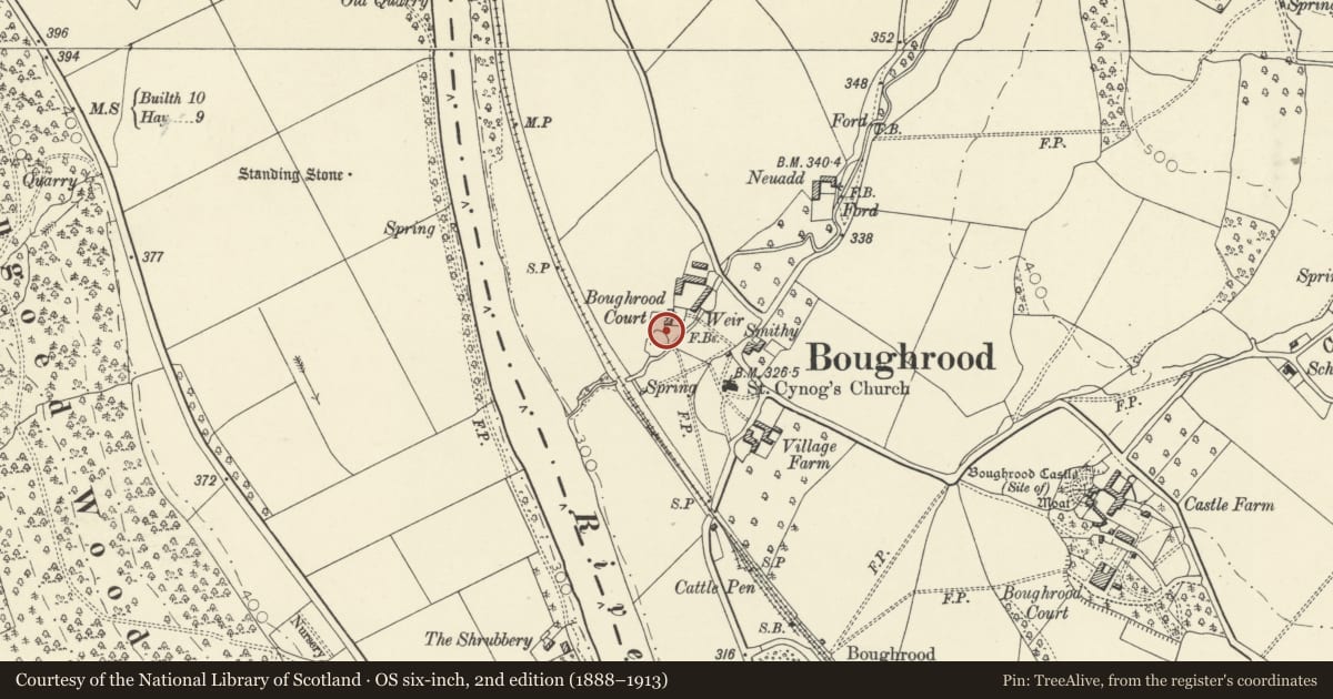 Ordnance Survey six-inch map, 2nd edition (1888–1913) covering the location of Boughrood Cottage, Glasbury, Powys, with a pin at the register's coordinates