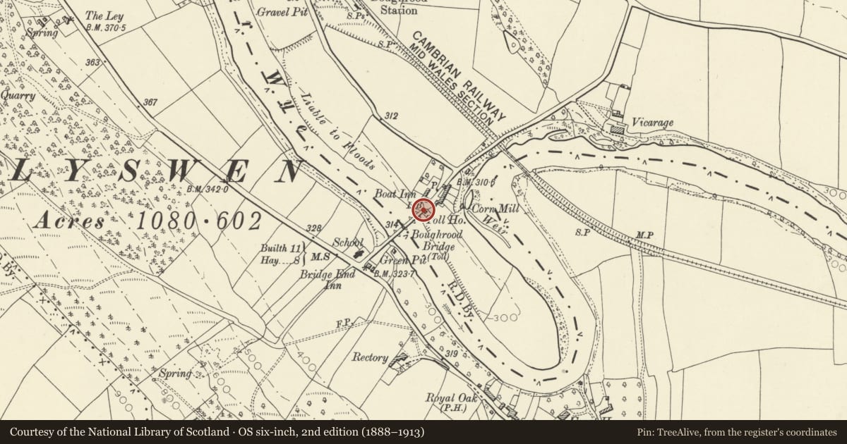 Ordnance Survey six-inch map, 2nd edition (1888–1913) covering the location of Toll Cottage at Boughrood Bridge, Glasbury, Powys, with a pin at the register's coordinates
