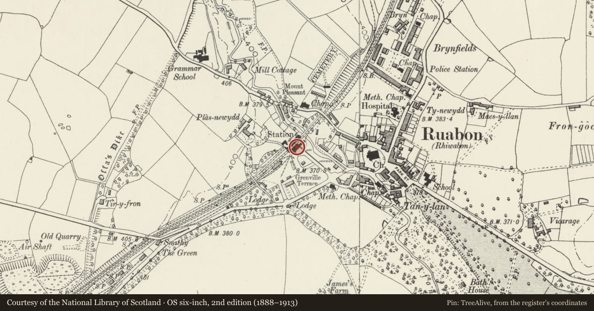Ordnance Survey six-inch map, 2nd edition (1888–1913) covering the location of Ruabon Railway Station, Wrexham, with a pin at the register's coordinates