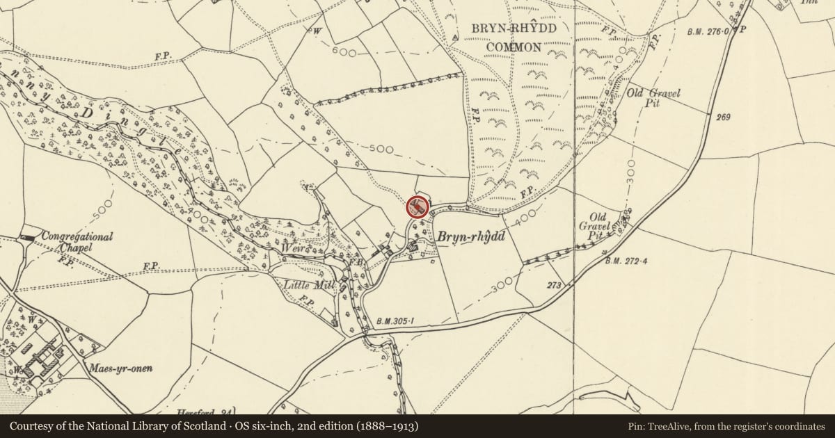 Ordnance Survey six-inch map, 2nd edition (1888–1913) covering the location of Barn at Bryn-yr-hydd farm, Glasbury, Powys, with a pin at the register's coordinates