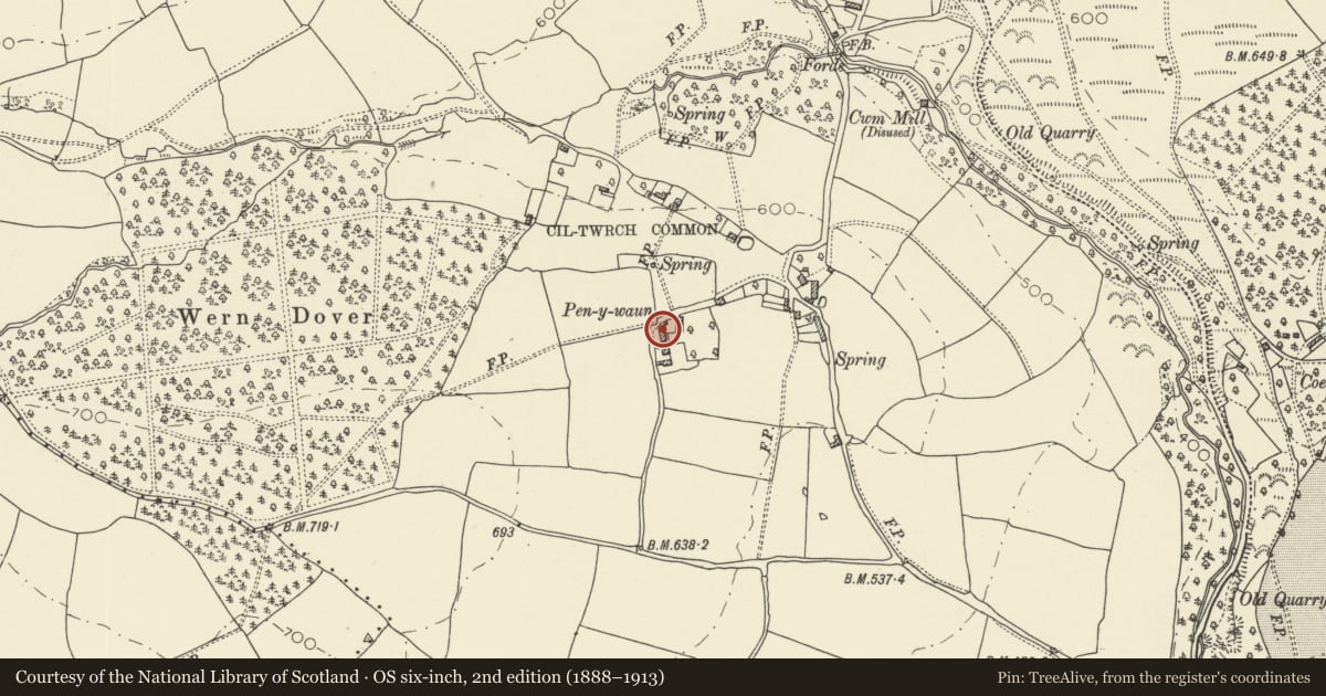 Ordnance Survey six-inch map, 2nd edition (1888–1913) covering the location of Farm building at Pen-y-waun farm, Glasbury, Powys, with a pin at the register's coordinates