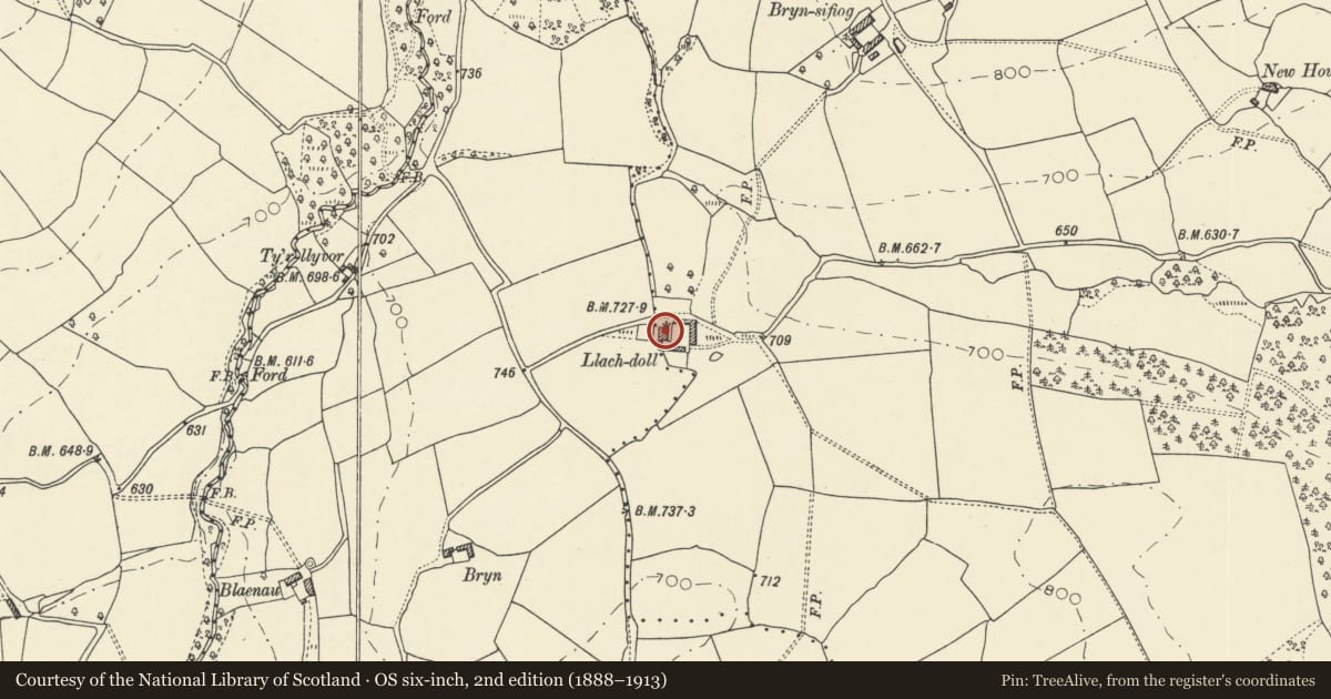 Ordnance Survey six-inch map, 2nd edition (1888–1913) covering the location of Llach-doll farmhouse (Llach-dolt) (including railed and gated terrace to front), Glasbury, Powys, with a pin at the register's coordinates