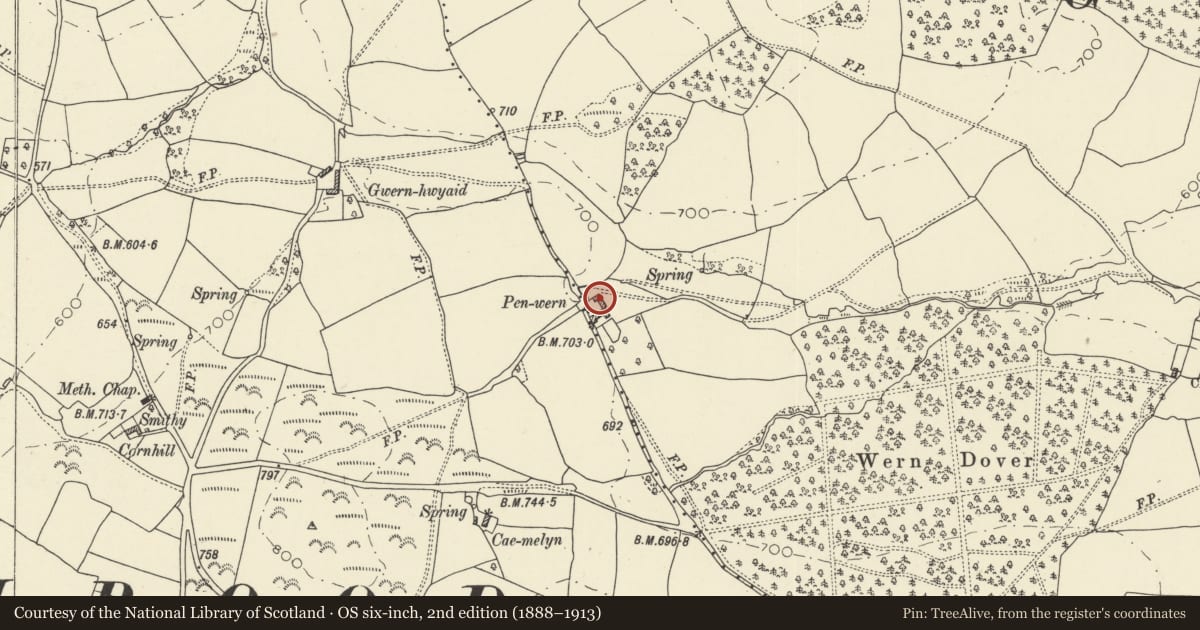 Ordnance Survey six-inch map, 2nd edition (1888–1913) covering the location of Granary and carthouse at Penwern farm, Glasbury, Powys, with a pin at the register's coordinates