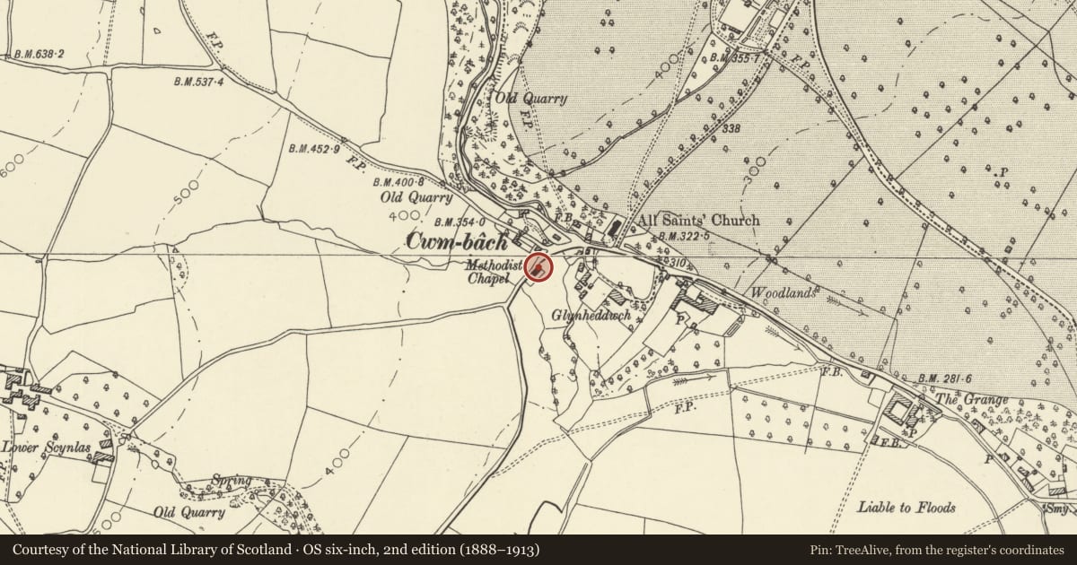 Ordnance Survey six-inch map, 2nd edition (1888–1913) covering the location of Glasbury Methodist Church, Powys, with a pin at the register's coordinates