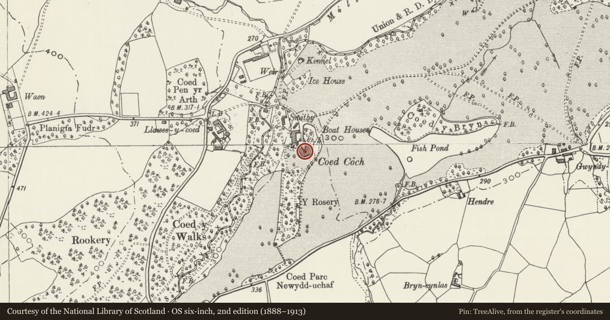 Ordnance Survey six-inch map, 2nd edition (1888–1913) covering the location of Coed Coch, Betws Yn Rhos, Conwy, with a pin at the register's coordinates