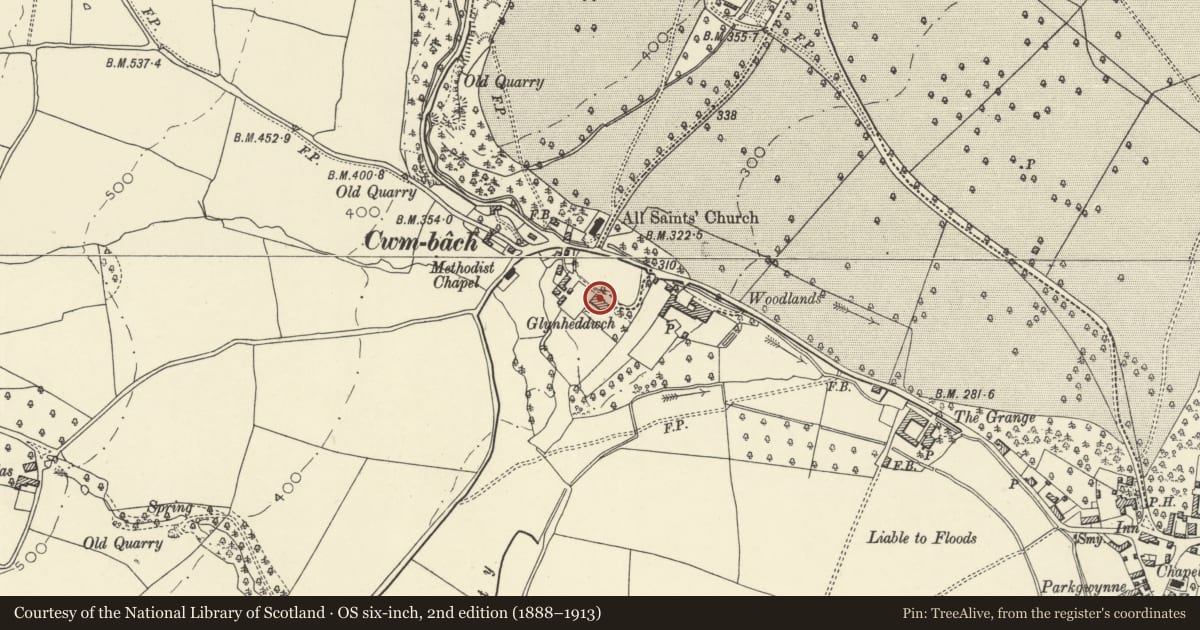 Ordnance Survey six-inch map, 2nd edition (1888–1913) covering the location of Clynheddwch, Glasbury, Powys, with a pin at the register's coordinates