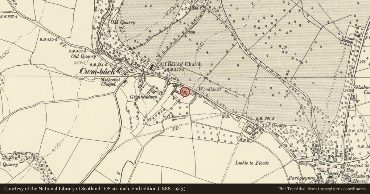 Ordnance Survey six-inch map, 2nd edition (1888–1913) covering the location of The Woodlands, Glasbury, Powys, with a pin at the register's coordinates