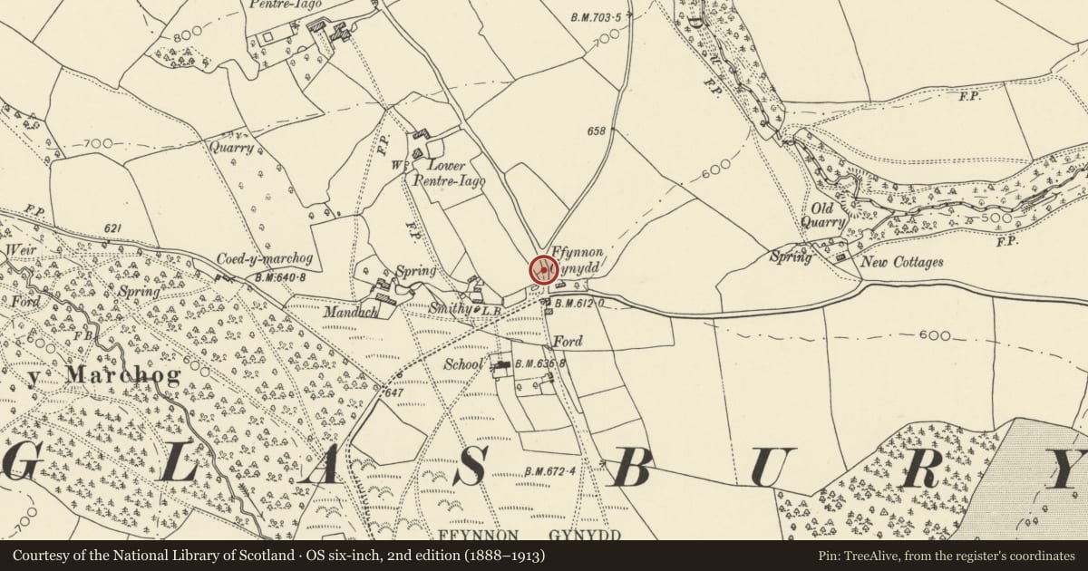 Ordnance Survey six-inch map, 2nd edition (1888–1913) covering the location of Well house to St Gynidr's Well, Glasbury, Powys, with a pin at the register's coordinates