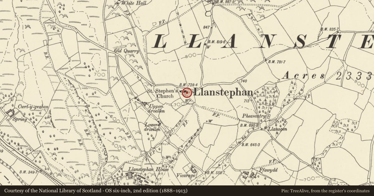 Ordnance Survey six-inch map, 2nd edition (1888–1913) covering the location of Gwynne monument in churchyard of the Church of St Stephen, Glasbury, Powys, with a pin at the register's coordinates