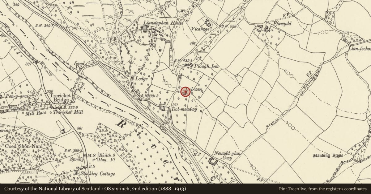 Ordnance Survey six-inch map, 2nd edition (1888–1913) covering the location of Dol-wen, Glasbury, Powys, with a pin at the register's coordinates